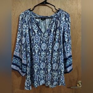 Jones New York Women Top 2X Popover Boho Print Peasant Split Neck Summer